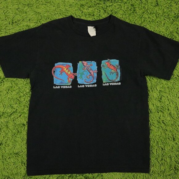 Las Vegas Psychedelic Spotted Gecko Art Wildlife Graphic T-shirt Black Color - Picture 1 of 6